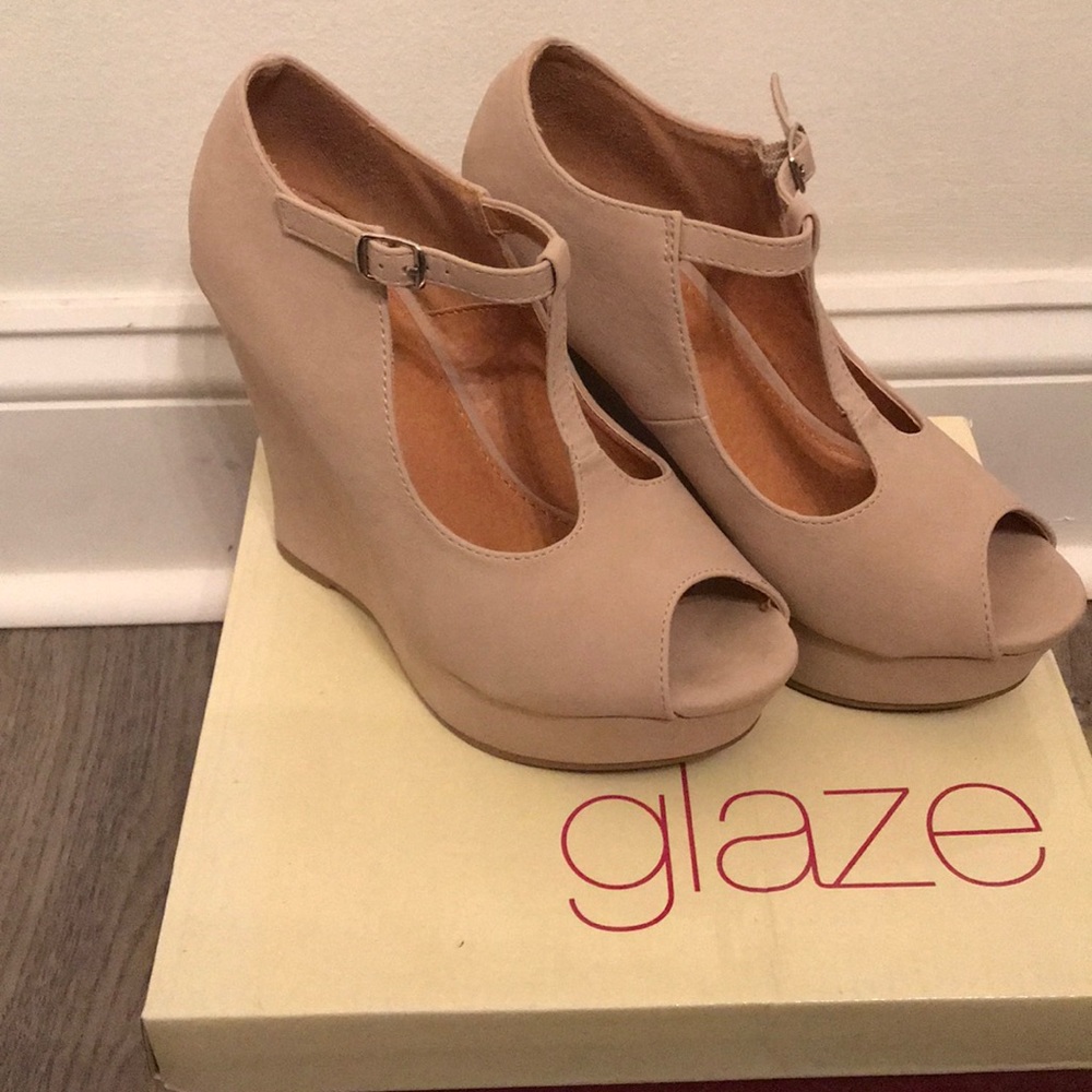 Taupe open toe wedge heels